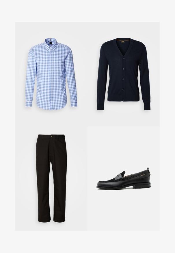 Cárdigan de lana navy con cuello en V, cinco botones, puños y dobladillo acanalados, logo sutil en el pecho, textura suave, ajuste estándar.; Camisa de patrón de cuadros azul y blanco con mangas largas, cuello abotonado y bordado del logo en el pecho. Material de algodón suave.; Pantalones de algodón negros con corte recto, presillas para el cinturón, cremallera frontal y un solo botón de cierre. Textura suave sin patrones visibles.; Mocasín de cuero negro con detalle de tira gris, tacón bajo y suela texturizada, con la marca "HUGO" en oro en el lateral.