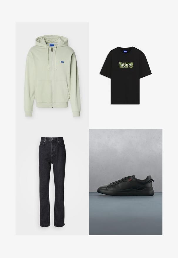 Lichtgroene hoodie met ritssluiting, voorzakken, capuchon met trekkoord, geribbelde manchetten en zoom, en een klein blauw "HUGO" logo op de borst.; Zwart T-shirt met korte mouwen, ronde hals en het woord HUGO in witte letters omgeven door groene druivenrankachtige bladeren op de borst.; Hoge taille zwarte denim jeans met een knoop- en ritssluiting, voor- en achterzakken en een rechte pasvorm.; HUGO BLAKE - Sneakers laag - black
