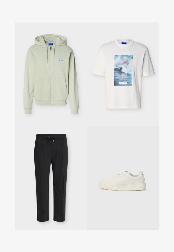 Lichtgroene hoodie met ritssluiting, voorzakken, capuchon met trekkoord, geribbelde manchetten en zoom, en een klein blauw "HUGO" logo op de borst.; Wit T-shirt met korte mouwen met blauwe, groene en witte oceaangolfgrafiek en de tekst "HUGO" gecentreerd aan de voorkant.; Zwarte taps toelopende broek met elastische tailleband en trekkoord, met een subtiele verticale ribstructuur.; Witte sneakers met een glad leren bovenwerk, ronde neus, platte veters en een gestructureerde rubberen zool. Een rode accent op de hiel.