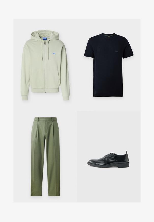 Hellgrüner Kapuzenpullover mit Reißverschluss, Fronttaschen, Kordelzugkapuze, gerippten Bündchen und Saum sowie einem kleinen blauen "HUGO"-Logo auf der Brust.; Schwarzes T-Shirt mit kurzen Ärmeln und Rundhalsausschnitt, mit subtiler Textur und kleinem "BOSS"-Logo auf der linken Brust.; Maßgeschneiderte Hose aus olivgrünem Stoff mit glatter Textur, ausgestattet mit zwei vorderen Falten, Gürtelschlaufen und geradem Bein.; Glänzender schwarzer Lederschuh mit niedrigem Absatz, Schnürverschluss und runder Kappe, seitlich auf hellem, schlichten Hintergrund gezeigt.