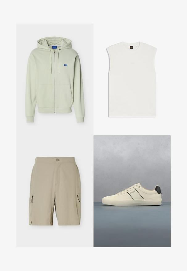 Sudadera con capucha y cremallera en verde claro, con bolsillos frontales, capucha con cordón, puños y dobladillo acanalados, y un pequeño logo azul "HUGO" en el pecho.; Camiseta blanca sin mangas con cuello redondo, con el sutil logo "BOSS" bordado en el pecho y etiqueta negra en el cuello.; Pantalones cortos beige hasta la rodilla con cierre de botón y bolsillos con cremallera a cada lado, diseñados para uso casual o al aire libre.; Zapatillas de color crema con una textura suave, que presentan acentos y marcas en negro. Diseño clásico de cordones con punta redonda y suela de goma.