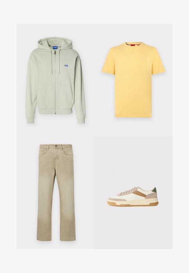 Lichtgroene hoodie met ritssluiting, voorzakken, capuchon met trekkoord, geribbelde manchetten en zoom, en een klein blauw "HUGO" logo op de borst.; Geel T-shirt met korte mouwen en ronde hals, met een klein wit "HUGO"-logo op de linkerborst, afgebeeld op een effen lichtgrijze achtergrond.; Beige katoenen broek met een rechte pijp, voorzien van voorzakken en een klassieke knoopsluiting. Soepele textuur met subtiele vervaging.; Sneakers in beige, crème en olijfgroen, met suede en leer, een ronde neus, een minimalistisch ontwerp en een rubberen zool.