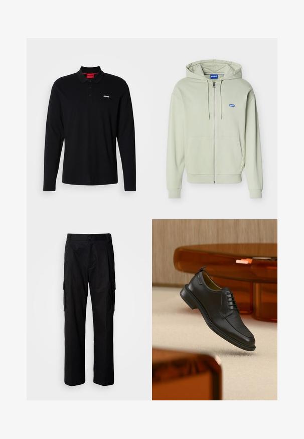 Sudadera con capucha y cremallera en verde claro, con bolsillos frontales, capucha con cordón, puños y dobladillo acanalados, y un pequeño logo azul "HUGO" en el pecho.; Camisa polo negra de manga larga hecha de algodón, con un cuello rojo y una tapeta de tres botones, y un logo blanco "HUGO" en el pecho.; Pantalones cargo negros de corte relajado, con bolsillos laterales, cierre de botón y tela ligera y suave.; Zapato de vestir negro de piel con cordones y parte delantera texturizada, flotando sobre una alfombra beige en una habitación moderna con muebles de tono ámbar.