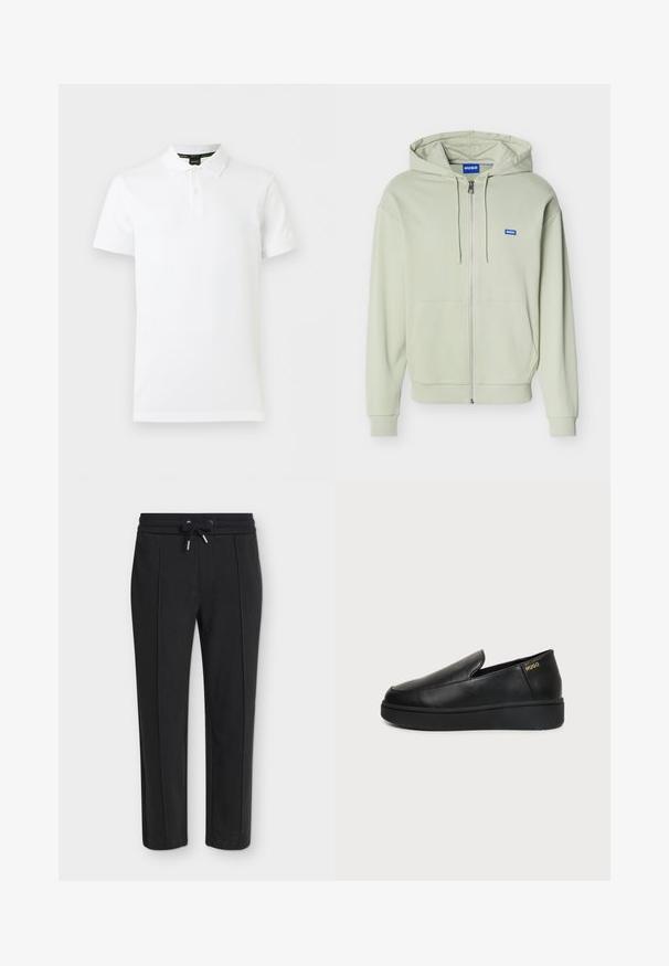 Sweat à capuche zippé vert clair avec poches avant, capuche avec cordon, poignets et ourlet côtelés, et un petit logo bleu "HUGO" sur la poitrine.; Polo blanc à manches courtes avec col et patte à deux boutons, présentant un logo subtil sur le côté gauche de la poitrine.; Pantalon noir fuselé avec une taille élastique et un cordon, présentant une subtile texture côtelée verticale.; Chaussure noire en cuir à enfiler avec semelle épaisse et petits trous de ventilation latéraux, avec un logo doré "HUGO" près du talon.