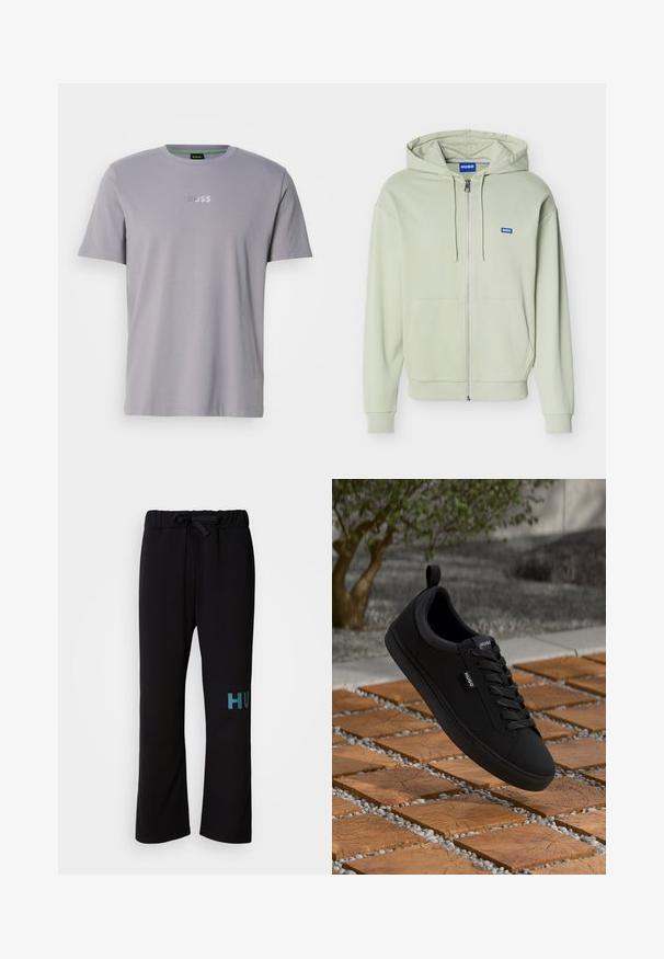Sweat à capuche zippé vert clair avec poches avant, capuche avec cordon, poignets et ourlet côtelés, et un petit logo bleu "HUGO" sur la poitrine.; T-shirt gris à manches courtes en coton, avec un col rond et le logo "BOSS" embossé en blanc sur la poitrine.; Pantalon de survêtement noir à taille avec cordon, présentant une coupe à jambes larges et un texte "HUGO" en bleu sarcelle sur la jambe gauche. Texture du tissu douce.; Baskets basses noires en cuir texturé, avec des lacets plats et un tag en boucle, présentées au-dessus d'une surface carrelée à motifs avec des galets.