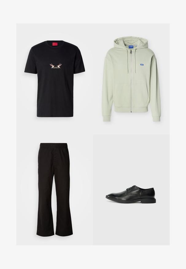 Svetlozelená mikina na zips s prednými vreckami, kapucňou so sťahovacou šnúrkou, pružnými manžetami a lemom, a malým modrým logom "HUGO" na prsiach.; Čierne bavlnené tričko s predným grafikou, na ktorom je slovo "HUGO" a dva stylizované dizajny vtákov v svetle a tmavých farbách.; Čierne nohavice s elastickým pásom a rozšíreným strihom, vyrobené z hladkej bavlnenej tkaniny. Majú jednoduchý dizajn a rovné otvory na nohy.; Čierne kožené šaty s hladkou textúrou, špicatou špičkou, šesť očkami na šnurovanie a nízkym obdĺžnikovým podpätkom. Diskrétny branding na boku.