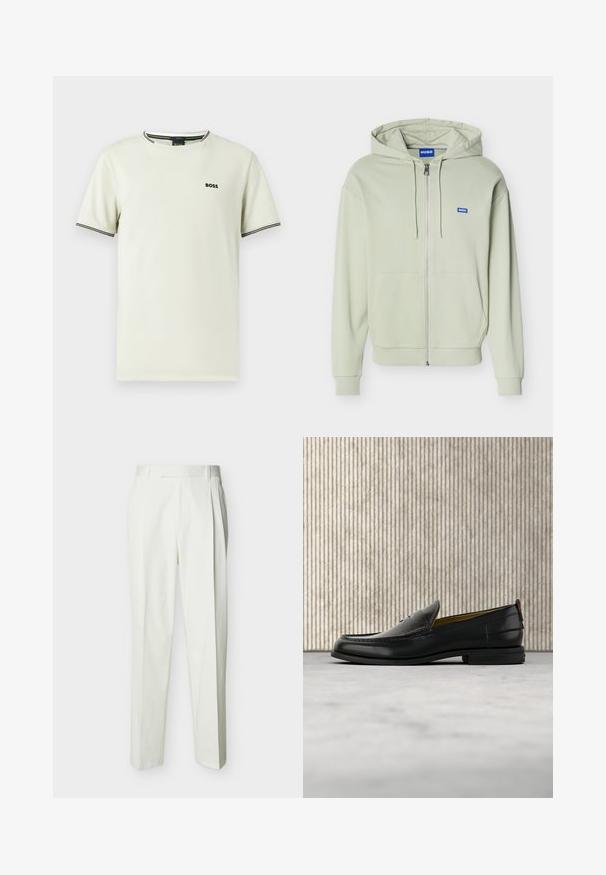 Sweat à capuche zippé vert clair avec poches avant, capuche avec cordon, poignets et ourlet côtelés, et un petit logo bleu "HUGO" sur la poitrine.; T-shirt à manches courtes en coton beige clair, avec un col rond, un logo noir, et des rayures contrastantes noires et blanches sur le col et les manches.; Pantalon blanc ajusté taille haute avec passants de ceinture et plis sur le devant, présenté sur un fond uni.; Mocassin pour homme en cuir noir avec un dessus embossé effet croco et un petit talon, présenté de profil sur un fond neutre.