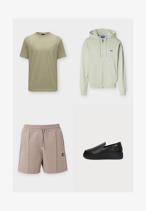 Sweat à capuche zippé vert clair avec poches avant, capuche avec cordon, poignets et ourlet côtelés, et un petit logo bleu "HUGO" sur la poitrine.; T-shirt kaki uni à manches courtes avec col rond et petit logo "BOSS" sur la poitrine gauche.; Short beige avec cordon de serrage, taille élastique, poches latérales, détails de couture à l'avant et petit patch logo noir sur la jambe gauche.; Chaussure noire en cuir à enfiler avec semelle épaisse et petits trous de ventilation latéraux, avec un logo doré "HUGO" près du talon.