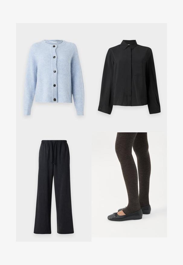 Hellblauer Cardigan aus weichem, geripptem Material mit Rundhalsausschnitt, langen Ärmeln und sechs schwarzen Knöpfen auf der Vorderseite.; Schwarzes Hemd mit Knöpfen, das einen klaren Kragen, lange Ärmel, eine einzelne Brusttasche und Textilstruktur aufweist. Es hat einen geraden Schnitt und Manschettendetails.; Schwarze, weit geschnittene Hosen aus weichem Stoff mit elastischem Bund und Kordelzug. Sie zeichnen sich durch eine glatte Textur und ohne sichtbare Muster aus.; Beine in dunklen, gerippten Leggings kombiniert mit schwarzen Ballerinas mit kleinen Schleifendetails auf weißem Hintergrund.