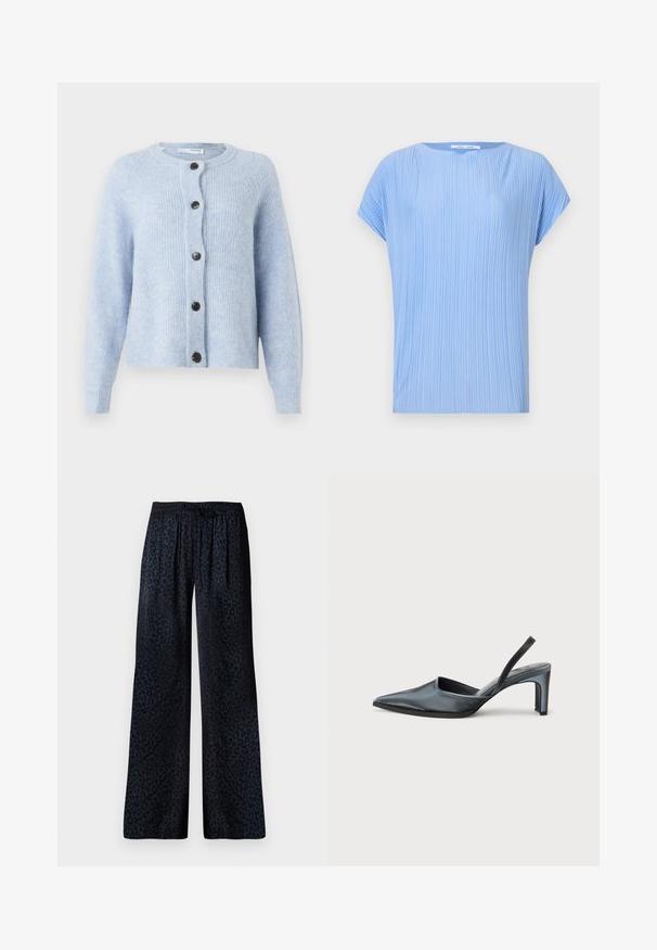 Cardigan bleu clair en matière douce et côtelée, avec un col rond, des manches longues et six boutons noirs sur le devant.; Haut bleu clair en tissu plissé. Il présente un col rond et des manches courtes, avec une texture lisse et légèrement brillante.; Pantalons larges en tissu foncé avec un motif léopard noir discret, une taille élastique et une coupe confortable.; Escarpin noir à bride arrière avec un bout pointu, une finition satinée élégante et un talon fin de 7,5 cm. Design latéral ouvert avec des détails de couture minimalistes.
