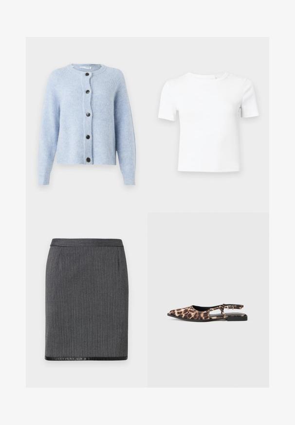 Lichtblauwe cardigan van zacht, ribbelachtig materiaal, met een ronde halslijn, lange mouwen en zes zwarte knopen aan de voorkant.; Wit T-shirt met korte mouwen van geribd materiaal, voorzien van een ronde hals en een aansluitende pasvorm, ideaal voor het dragen in laagjes of casual gebruik.; Grijze geribbelde kokerrok met een gladde zwarte zoom. Heeft een getailleerd ontwerp en een standaard tailleband. De textuur is geweven en verfijnd.; Leopardprint platte slingback-schoen met spitse neus, open zijkanten en kleine zwarte hak. Materiaal lijkt glad met een lichte glans.