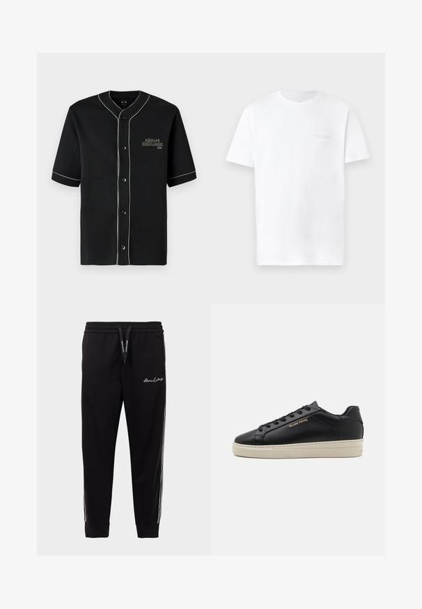 Must töötava lühikeste varrukatega nööpidega särk mustas värvitoonis, millel on valged äärised ja mis kannab vasakul rinnal kaubamärgi "Armani Exchange" tikandit.; Valge puuvillane T-särk lühikeste varrukatega, ümmarguse kaelusega, millel on vasakul rindkere piirkonnas õrn hall logo print ja sile tekstuur.; Mustad puuvillasegusest kangast mustad treeningpüksid, millel on soonikkoes vöökoht, valged küljeribad ja logo broderi vasakul reitel.; Must have nahkased jalatsid sujuva viimistlusega, kontrastse kreemja talla, ümarate varvastega, kuldse logoga külgedel ja kuue silmaga nööride jaoks.
