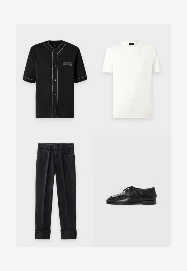 Schwarze Kurzarm-Hemd mit Knöpfen und weißen Paspeln, mit der Aufschrift "Armani Exchange" auf der linken Brust gestickt.; Weißes T-Shirt mit kurzen Ärmeln und Rundhalsausschnitt, mit dezentem, tonalem, geprägtem Logo auf der Brust und schwarzem Markenetikett im Kragen.; Schwarze Denim-Jeans mit eingeräumter Passform, mit umgeschlagenen Säumen und geprägt Branding am Saum. Klassisches Fünf-Taschen-Design mit kontrastierenden Nähten.; Schwarze Lederschuhe mit geflochtenem Design an der Zehenpartie, runder Schnürverschluss und einer flachen, kompakten Sohle. Glatte Textur durchgehend.