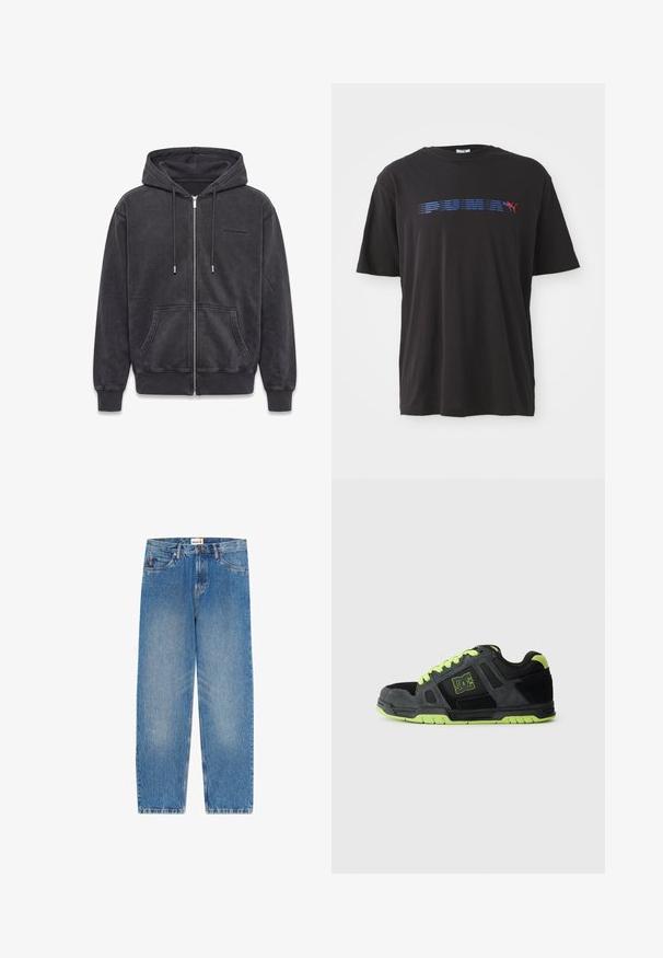 Mørkegrå hættetrøje med lynlås foran, forlommer, snøretræk i hætten, ribkanter ved ærmer og bund, samt diskret logo på brystet.; Sort bomulds t-shirt med en blå vandret stribe, der har ordet "PUMA" og et rødt logo af en springende puma på fronten. Korte ærmer.; Blå straight-leg denimjeans med fem lommer, knaplukning og Timberland-logo på taljebåndet.; Sort og grå atletisk sko med grønne detaljer. Har materialer af ruskind og mesh, rund tå, gummisål og fremtrædende logo.