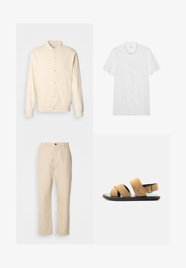 Cream-colored button-up sweatshirt with long sleeves, a collared neck, and ribbed cuffs. Smooth texture, minimalistic design.; Short-sleeve white button-up shirt with a mandarin collar, chest pocket, smooth texture, and transparent buttons.; Beige cotton pants with straight legs, a front button closure, side pockets, and a smooth texture. Minimalist design, no visible patterns.; Men's tan suede sandal with two wide straps, black sole, and adjustable buckle heel strap, displayed on a white background.