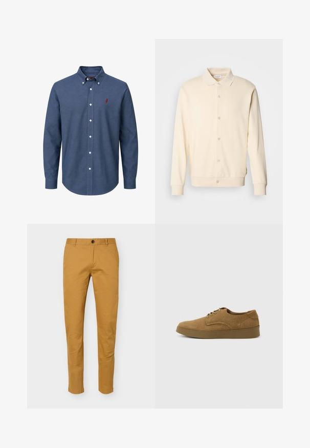 Cremefarvet button-up sweatshirt med lange ærmer, kravehals og ribbede manchetter. Glat tekstur, minimalistisk design.; Blå skjorte med lange ærmer, hvide knapper og en lille rød broderet logo på venstre bryst.; Slim fit herre chinos i sennepsgul med bæltestropper, frontknap og lynlås, vist mod en ensfarvet baggrund.; Brun ruskindslærredsko med snørebånd og flad gummisål, set fra siden på en ensfarvet lys baggrund.