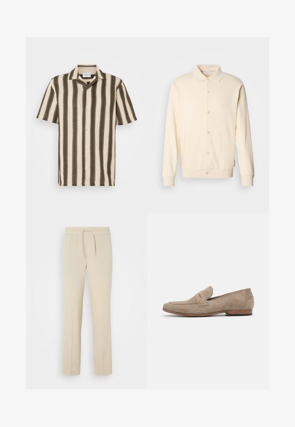 Crème-kleurige overhemdtrui met lange mouwen, een kraag en geribbelde manchetten. Gladde textuur, minimalistisch ontwerp.; Korte mouwen overhemd met een button-down kraag, gekenmerkt door afwisselende crèmekleurige en olijf groene strepen en een textuurpatroon door het geheel.; Beige, elastische broek met een trekkoord in de taille. Heeft rechte pijpen en een zachte textuur, geschikt voor casual wear of loungen.; Beige suede instapper met minimale stiksels, een platte hak en een leren zool. Voorzien van een enkele bandaccent nabij de toplaag. Platte silhouet.