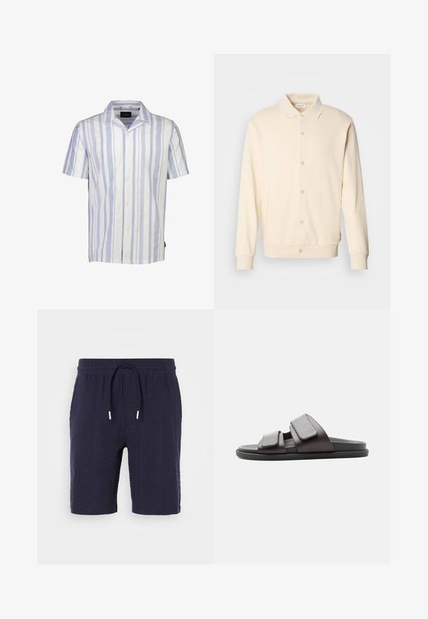 Cremefarvet button-up sweatshirt med lange ærmer, kravehals og ribbede manchetter. Glat tekstur, minimalistisk design.; Kortærmet button-up skjorte i hvid og lyseblå lodrette striber. Fremstillet af letvægtigt stof med klassisk krave og fem knapper.; Marineblå shorts med et tekstureret mønster, elastisk talje og snøre lukning. Har en afslappet pasform og længde over knæene.; Mørkebrun slidesandal med to brede justerbare velcro-remme og en sort sål, vist fra siden på hvid baggrund.