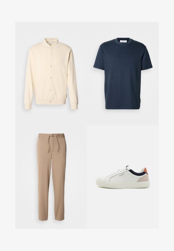 Cremefarvet button-up sweatshirt med lange ærmer, kravehals og ribbede manchetter. Glat tekstur, minimalistisk design.; Mørk marineblå bomuld t-shirt med korte ærmer, rund halsudskæring og subtilt broderet logo foran. Glat tekstur, afslappet pasform.; Beige sweatpants lavet af blød bomuld, med elastisk talje, snor i livet, slim fit og lige ben uden mønstre.; Hvide lædersneakers med low-top design, marineblå stofdetalje på kraven og en lys lyserød suede hælflap. Gummisål.
