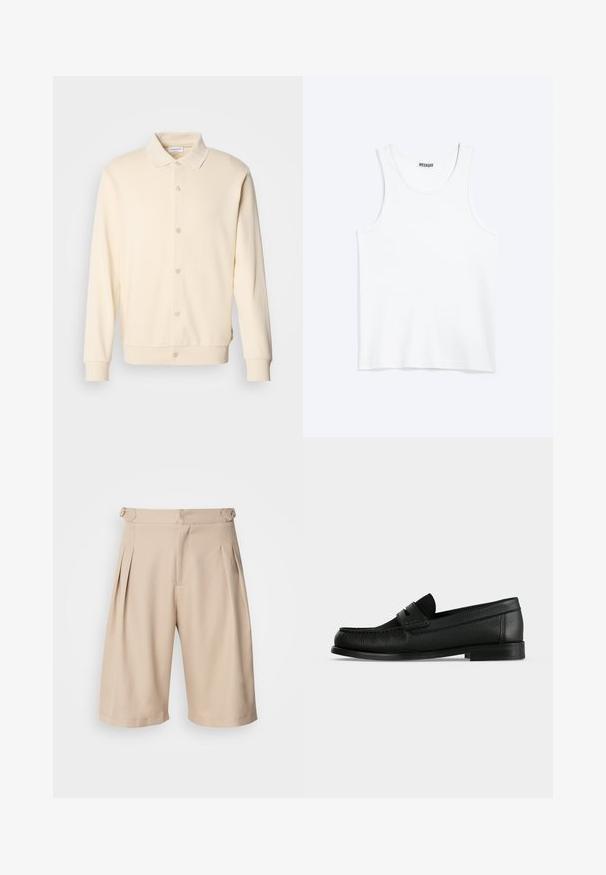 Sudadera de color crema con botones, de mangas largas, cuello tipo polo y puños de canalé. Textura suave, diseño minimalista.; Camiseta sin mangas blanca con cuello redondo y etiqueta de la marca Weekday en el interior del cuello trasero, mostrada plana sobre un fondo claro.; Pantalones cortos beige con pliegues y un diseño a medida, que presentan una textura suave y bolsillos laterales, asegurados con una cremallera oculta en la cintura.; Mocasín penny de cuero negro con superficie texturizada, tacón bajo y una correa sobre la parte superior, mostrado de perfil sobre un fondo liso.