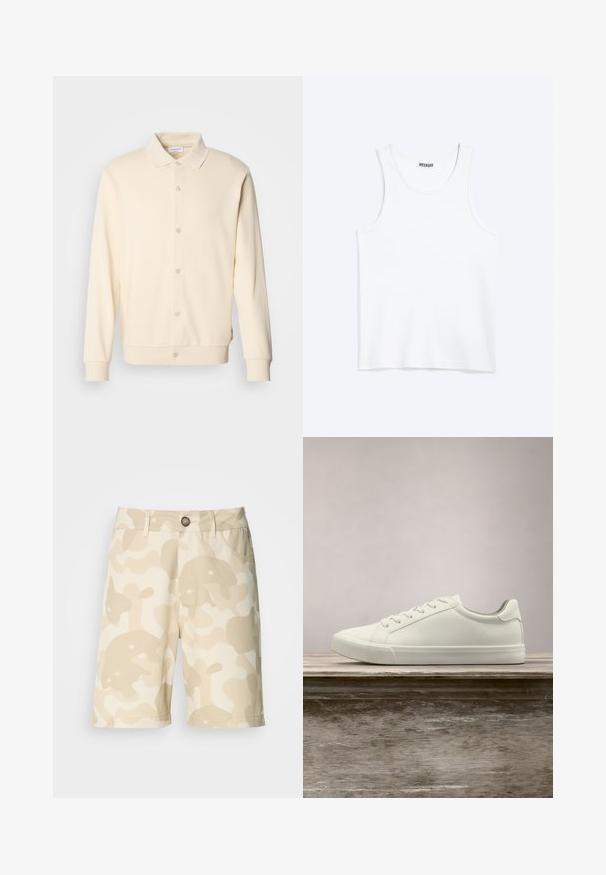 Sweatshirt boutonnière couleur crème avec manches longues, col classique et poignets côtelés. Texture lisse, design minimaliste.; Débardeur blanc sans manches avec col rond et étiquette de la marque Weekday à l'intérieur du col arrière, présenté à plat sur un fond clair.; Shorts beiges avec un motif camouflage crème, dotés d'une fermeture boutonnée, de passants de ceinture et de poches. Fabriqués dans un tissu à la texture lisse.; Sneaker en dentelle blanche flottant au-dessus d'un banc en bois avec un feuillage vert en arrière-plan, mettant en valeur le design et la texture de la chaussure.