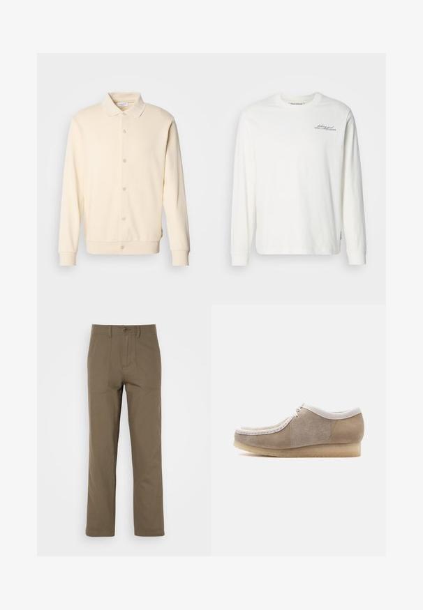 Krémová button-up mikina s dlhými rukávmi, golierom a ribovanými manžetami. Hladká textúra, minimalistický dizajn.; Biela dlhá tričko s dlhým rukávom vyrobené z bavlny, s okrúhlym výstrihom, rebrovanými manžetami a jemným grafickým textom na ľavej hrudi v tmavomodrej farbe.; Khaki bavlnené nohavice s rovnými nohavicami, s dvoma prednými vreckami, zapínaním na gombík a hladkou textúrou.; Béžová semišová obuv vo forme mokasín s bielym lemom, šnurovaným predným dielom a béžovou podrážkou z krepy, zobrazená z bočného profilu na bielom pozadí.
