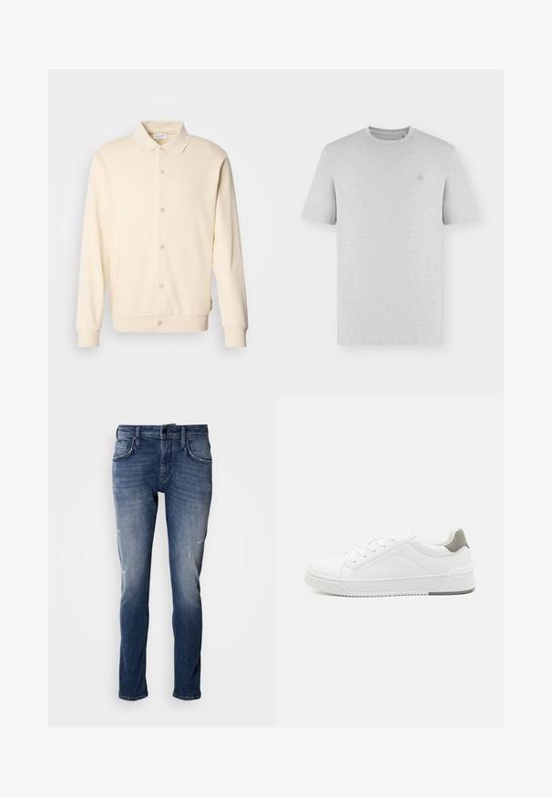 Krémová button-up mikina s dlhými rukávmi, golierom a ribovanými manžetami. Hladká textúra, minimalistický dizajn.; Jednoduché svetlošedé tričko s krátkym rukávom, okrúhlym výstrihom a malým nenápadným vyšitým logom na ľavej strane hrude.; Antony Morato KURT COMFORT - Džínsy tapered fit - blue denim; Biele tenisky z hladkej koženej tkaniny, zaoblenou špičkou, minimalistickým dizajnom, sivým akcentom na päte a textúrovanou gumovou podrážkou.