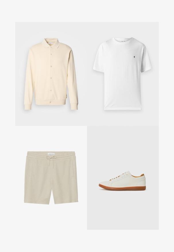 Sweatshirt boutonnière couleur crème avec manches longues, col classique et poignets côtelés. Texture lisse, design minimaliste.; T-shirt en coton blanc à col rond, manches courtes, avec un petit logo noir sur la poitrine. Texture douce, coupe décontractée.; Shorts de couleur khaki en tissu doux, dotés d'une taille à cordon de serrage, de deux poches latérales et d'une coupe décontractée.; Baskets blanches avec tige en cuir texturé, bout arrondi et semelle en caoutchouc. Présente des lacets blancs plats et des accents intérieurs beige.