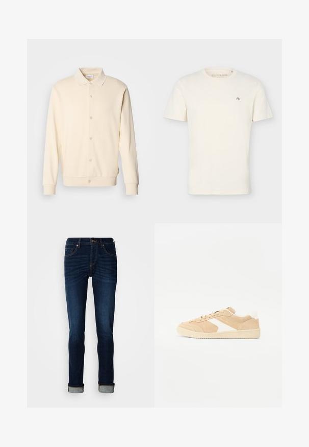 Cremefarvet button-up sweatshirt med lange ærmer, kravehals og ribbede manchetter. Glat tekstur, minimalistisk design.; Simpel off-white t-shirt med korte ærmer og rund halsudskæring med en lille "Scotch & Soda" logo på øverste venstre bryst.; Dunkelblå jeans med lige ben, lynlås, og opkrøllede kanter. Fremstillet af denim med let falmende farve og kontrastfarvede syninger.; Beige ruskind sneakers med hvide detaljer, rund tå og snørebåndslukning. Tekstureret overdel og gummisål med diskret branding.