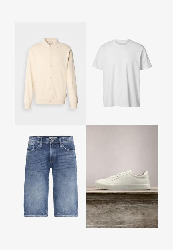 Kreemit värvi nupp-sügisjakk pikkade varrukatega, kraega ja soonikute äärega. Sile tekstuur, minimalistlik disain.; Lihtne valge lühikeste varrukatega ümara kaelusega t-särk, lõdva istuvusega, esiküljel pole nähtavaid logosid või mustreid.; Heledsinistest denimsärg on klassikalise lõikega, viie taskuga, nööbiga kinni ja kangas on kergelt fadeeritud, et lisada tekstuuri.; Valged nööpidega ketsid, mis hõljuvad puidust pingil rohelise lehestiku taustal, näidates uue disaini ja tekstuuri.