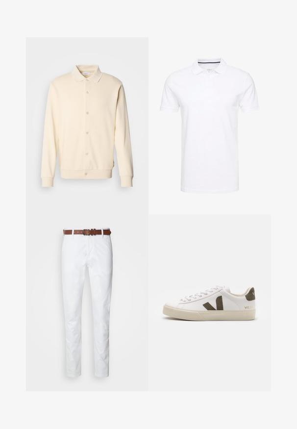 Krémová button-up mikina s dlhými rukávmi, golierom a ribovanými manžetami. Hladká textúra, minimalistický dizajn.; Biela polo košeľa vyrobená z bavlny, s tradičným golierom, krátkymi rukávmi a tri gombíkovým zapínaním so jemnými námorníckymi akcentmi vo vnútri.; Biele bavlnené nohavice so vzorom rovného strihu, s hnedým koženým opaskom. Tkanina má hladkú štruktúru a klasický dizajn.; Biele kožené tenisky s svetlosivou gumovou podrážkou. Obsahujú hnedú semišovú V logo a jazyk pätky. Šnurovanie s textúrovaným povrchom.
