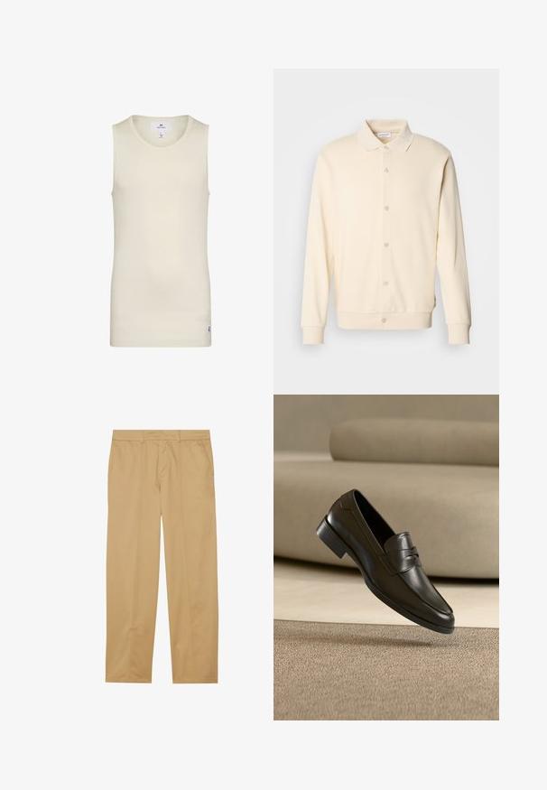 Cremefarvet button-up sweatshirt med lange ærmer, kravehals og ribbede manchetter. Glat tekstur, minimalistisk design.; Lys beige sansærmet top lavet af ribbet stof med rund halsudskæring og et lille label ved kanten. Enkel og tætsiddende design.; Khaki bukser lavet af glat stof, med lige ben-design, to forlommer og rene, minimalistiske syninger.; Sort lædersko med slip-on design, svævende over beige tæppe med beige sofa i baggrunden, der fremhæver klassisk herrestil.