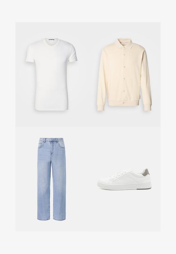 Cremefarvet button-up sweatshirt med lange ærmer, kravehals og ribbede manchetter. Glat tekstur, minimalistisk design.; Hvid bomulds T-shirt med korte ærmer, rund halsudskæring og broderet logo på brystet. Glat tekstur og tætsiddende design.; Lyseblå denimjeans med et afslappet, bredbenet design. Funktioner inkluderer fem lommer, en frontknaplukning og diskret falmning.; Hvid sneaker lavet af glat læder, rund tå, minimalistisk design, grå hælafsats og tekstureret gummisål.