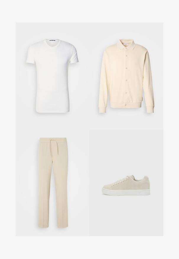 Cremfarbener, knöpfbarer Sweatshirt mit langen Ärmeln, einem geknöpften Kragen und gerippten Bündchen. Glatte Textur, minimalistisches Design.; Weiße Baumwoll-T-Shirt mit kurzen Ärmeln, Rundhalsausschnitt und gesticktem Logo auf der Brust. Sanfte Textur und taillierte Passform.; Beige, elastische Hosen mit einem Kordelzug. Sie haben gerade Beine und eine glatte Textur, geeignet für Freizeit oder Entspannung.; Beige Sneaker in niedriger Ausführung mit Schnürung vorne und dicker weißer Gummisohle vor schlichtem hellgrauem Hintergrund.