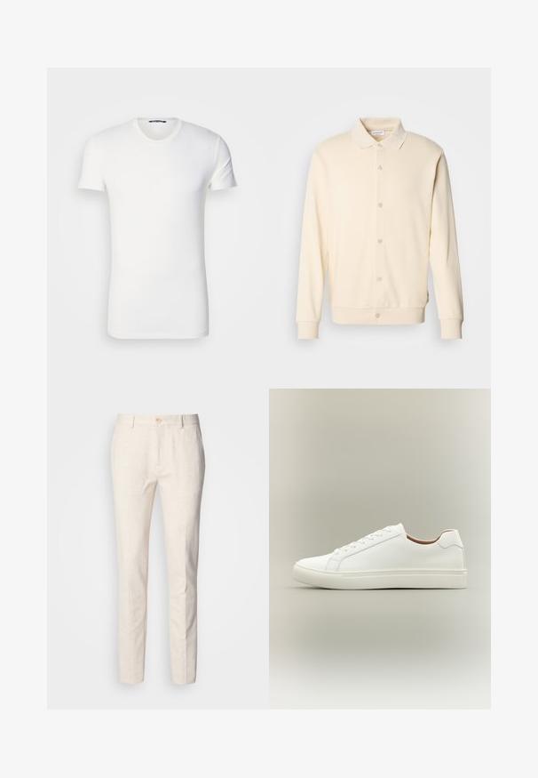 Cremefarvet button-up sweatshirt med lange ærmer, kravehals og ribbede manchetter. Glat tekstur, minimalistisk design.; Hvid bomulds T-shirt med korte ærmer, rund halsudskæring og broderet logo på brystet. Glat tekstur og tætsiddende design.; Lyse beige, skræddersyede bukser lavet af blødt stof. Har en knaplukning, bæltestropper og et slankt, lige ben-design med minimal tekstur.; Hvid lavt snøresko med snørelukning og flad sål, vist fra siden på en neutral baggrund.