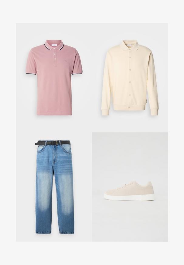 Crème-kleurige overhemdtrui met lange mouwen, een kraag en geribbelde manchetten. Gladde textuur, minimalistisch ontwerp.; Roze poloshirt met een knoopsluiting met twee knopen, een geribbelde kraag met marineblauwe en witte strepen, en een subtiel logo geborduurd op de borst.; Lichtblauwe denim jeans met een rechte pijp, voorzien van een zwarte riem, vervaagde vlekken en subtiele diagonale textuur op het bovenste gedeelte.; Beige suède sneakers met witte rubberen zolen, ronde neus en zes veterogen. Gladde textuur met minimalistisch ontwerp.