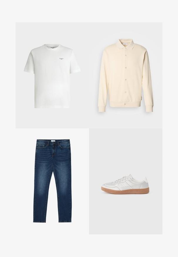 Sudadera de color crema con botones, de mangas largas, cuello tipo polo y puños de canalé. Textura suave, diseño minimalista.; Camiseta blanca de manga corta con cuello redondo y pequeño logotipo de texto negro «Marc O'Polo DENIM» en la parte superior izquierda del pecho.; Vaqueros ajustados de color azul oscuro con detalles desgastados, diseño clásico de cinco bolsillos, cierre de botón y presillas para cinturón.; Zapatillas plateadas con una textura suave, diseño de cordones, acentos perforados y una suela de goma marrón texturizada.