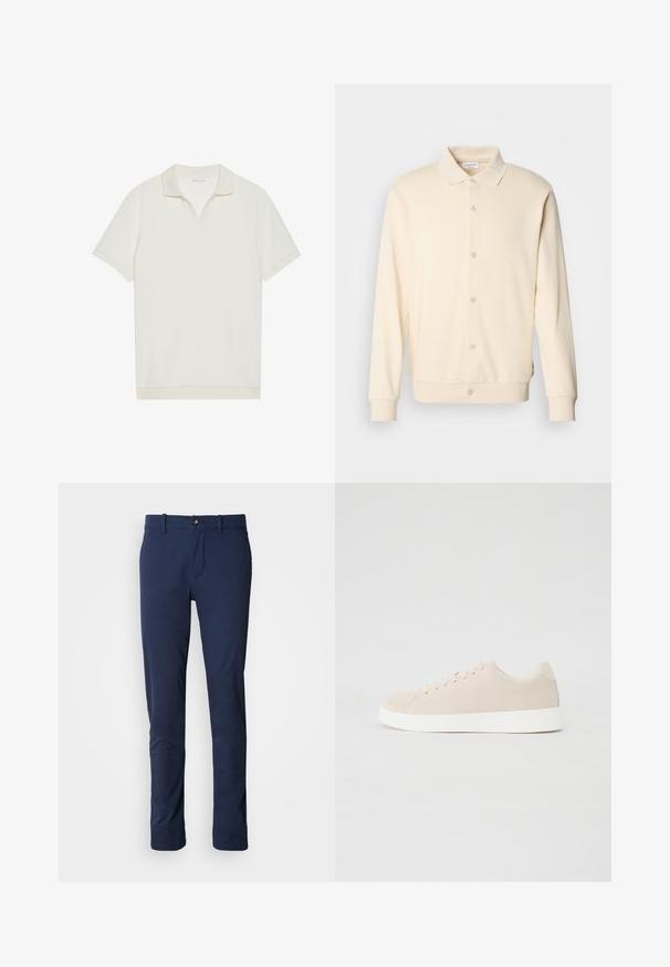 Sweatshirt boutonnière couleur crème avec manches longues, col classique et poignets côtelés. Texture lisse, design minimaliste.; Polo blanc à manches courtes avec un col en V et un tissu texturé. Design simple avec un col et des accents de manches contrastants.; Pantalon bleu marine en tissu lisse, avec un design à jambes droites, une fermeture éclair et une poche avant unique avec une fermeture à bouton.; Baskets en daim beige avec semelles en caoutchouc blanc, bout rond et six œillets pour les lacets. Texture lisse avec un design minimaliste.