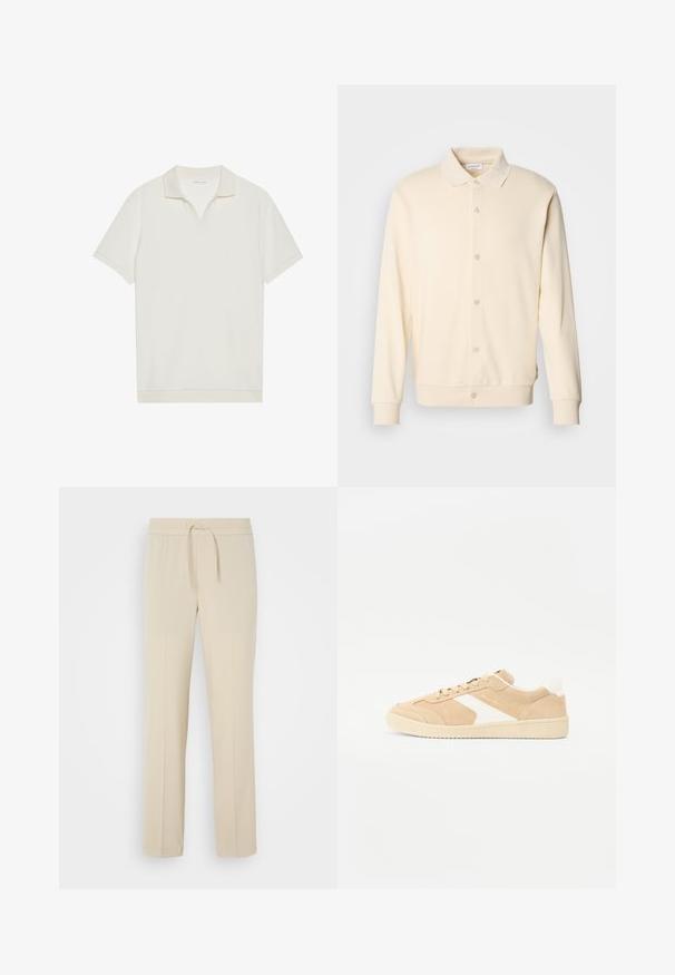 Sweatshirt boutonnière couleur crème avec manches longues, col classique et poignets côtelés. Texture lisse, design minimaliste.; Polo blanc à manches courtes avec un col en V et un tissu texturé. Design simple avec un col et des accents de manches contrastants.; Pantalons beiges à taille élastique avec cordon de serrage. Comprend des jambes droites et une texture lisse, adaptés pour un usage décontracté ou pour se détendre.; Baskets en suède beige avec des accents blancs, bout rond et fermeture à lacets. Tige texturée et semelle en caoutchouc avec un branding discret.