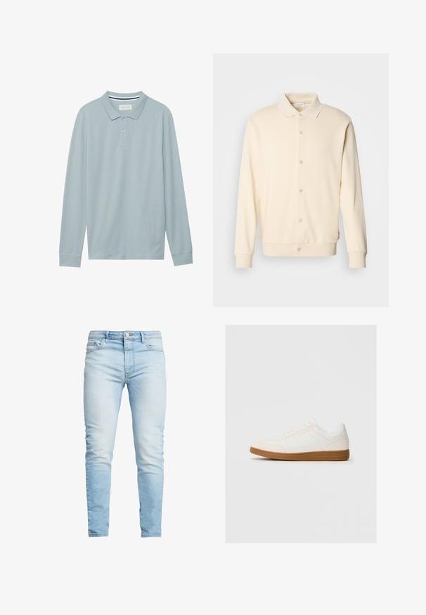 Krémová button-up mikina s dlhými rukávmi, golierom a ribovanými manžetami. Hladká textúra, minimalistický dizajn.; Polo tričko s dlhým rukávom v svetlo modrej farbe s plochým golierom, zapínaním na tri gombíky a jemne textúrovanou látkou. Obsahuje pruhovaný vnútorný golier.; Svetlomodré džínsy s úzkym strihom, s vysokým pásom a jemným vyblednutím, s gombíkovým zapínaním a dizajnom s piatimi vreckami.; Biele tenisky so semišovým špičkovým rámom, hladkým syntetickým zvrškom a hnedou gumovou podrážkou. Na bokoch majú perforácie pre lepšiu priedušnosť.