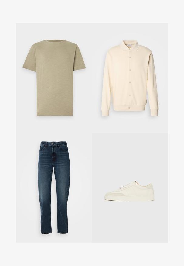 Cremfarbener, knöpfbarer Sweatshirt mit langen Ärmeln, einem geknöpften Kragen und gerippten Bündchen. Glatte Textur, minimalistisches Design.; Helles Khaki-T-Shirt, kurze Ärmel, Rundhalsausschnitt, weiche Textur, glatter Stoff, ohne Muster oder Akzente, gerade geschnitten, neutrale Farbe.; Dunkelblaue gerade Jeans mit Knopf- und Reißverschluss vorne, Fünf-Taschen-Design und subtiler Ausbleichung an Oberschenkeln und Knien.; Weiße Wildleder-Sneaker mit glatter Oberfläche, rundem Zehenbereich, flachem Schnürdesign und kontrastierenden, strukturierten Akzenten. Mit einem dezenten Logodetail versehen.