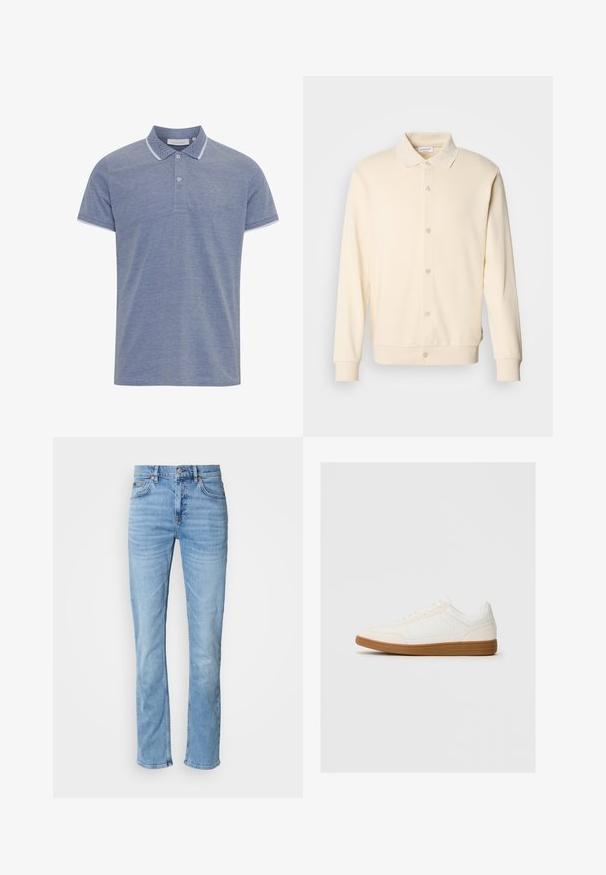 Crème-kleurige overhemdtrui met lange mouwen, een kraag en geribbelde manchetten. Gladde textuur, minimalistisch ontwerp.; Lichtblauw polo shirt van textuurstof, met een gebuttonneerde kraag, contrasterende witte bies op de kraag en mouwen, en een klein logo.; Lichtblauwe spijkerbroek met rechte pijpen, vijfzakkenontwerp, knoopsluiting en subtiele vervaagde details op dijen en knieën.; Witte sneaker met een suède neus, een glad synthetisch bovenwerk en een tan rubberen zool. Beschikt over perforaties aan de zijkanten voor ventilatie.