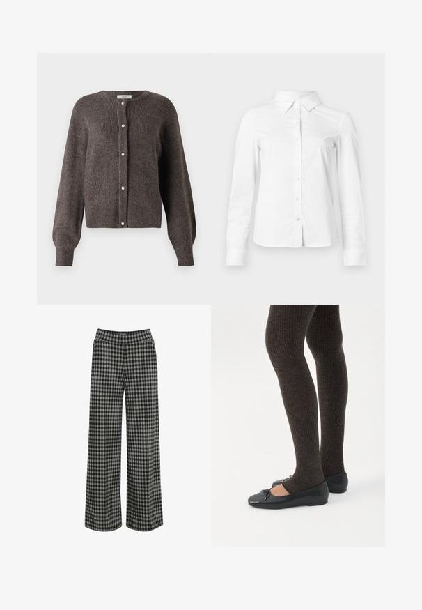 JDY JDYLUMI - Cardigan - bracken; Hvid skjorte med lange ærmer, knapper, spids krave, lige kant og tætsiddende silhuet, vist på en ensartet lys baggrund.; ICHI IHKATE - Bukser - vetiver; Ben iført mørke ribbede leggings kombineret med sorte balletsko med små sløjfedetaljer på hvid baggrund.