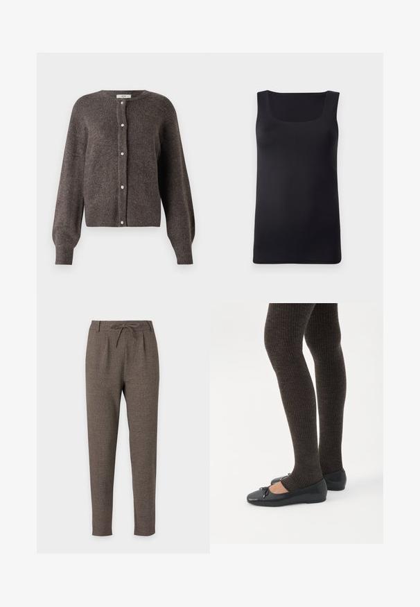 JDY JDYLUMI - Cardigan - bracken; Sort ærmeløs tank top med firkantet halsudskæring, lavet af glat stof, med en tætsiddende design og rene kanter, ingen synlige mønstre eller accenter.; Brune tapered bukser med snøre i taljen og båndsøm, lavet af tekstureret stof, vist på en hvid baggrund.; Ben iført mørke ribbede leggings kombineret med sorte balletsko med små sløjfedetaljer på hvid baggrund.
