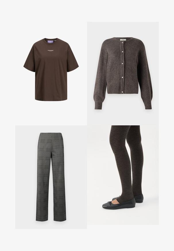 JDY JDYLUMI LIFE L/S BUTTON CARDIGA KNT NOOS - Strickjacke - bracken; Braunes T-Shirt mit kurzen Ärmeln und Rundhalsausschnitt, mit weißem "JJXX STUDIO"-Logo mittig auf der Brust.; Gestreifte maßgeschneiderte Hose mit grauem Grundton, die über schwarz-weiße Karos verfügt, hohen Bund und geradem Beinaufschnitt. Glatte Textur.; Beine in dunklen, gerippten Leggings kombiniert mit schwarzen Ballerinas mit kleinen Schleifendetails auf weißem Hintergrund.