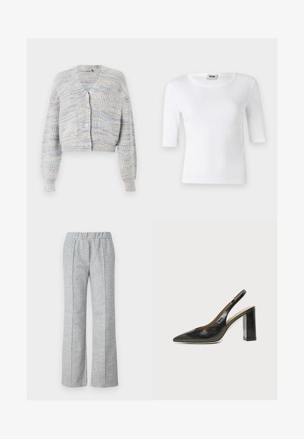 DRYKORN COOPIE - Gilet - blue; T-shirt blanc à côtes avec un col rond et des manches mi-longues. Fabriqué en matériau doux avec une texture lisse. Étiquette visible au niveau du col.; Pantalons gris à jambes larges en tissu texturé ; dotés d'une taille élastique et de détails plissés à l'avant. Design épuré et minimal.; Chaussure slingback en cuir noir à bout pointu avec un talon bloc haut et une doublure intérieure beige sur un fond clair uni.