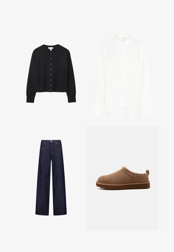 Zwarte cropped cardigan van zachte gebreide stof, met een ronde halslijn, knoopsluiting aan de voorkant en geribde manchetten en zoom.; Witte blouse met lange mouwen, knoopsluiting voor, een klassieke kraag en een reguliere pasvorm. Gemaakt van gladde stof, met acht knopen aan de voorkant.; Brede denim broek met een donkerblauw en wit verticaal gestreept patroon, voorzien van twee voorzakken en een klassieke knoopsluiting.; Bruine suède instapsloffen met een pluche voering en een dikke profielzool, vanaf de zijkant op een effen achtergrond weergegeven.