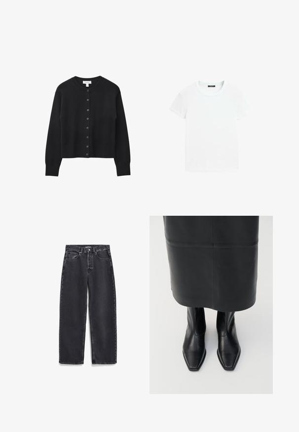 Zwarte cropped cardigan van zachte gebreide stof, met een ronde halslijn, knoopsluiting aan de voorkant en geribde manchetten en zoom.; Effen wit t-shirt met korte mouwen en ronde hals, plat gelegd op een witte achtergrond.; Zwarte denim jeans met een rechte pasvorm, voorzien van voorzakken, een knopenfly en subtiele vervaging op de stof.; Zwarte leren hoge enkellaarsjes met een vierkante neus en een ritssluiting aan de zijkant. Glad textuur en minimale hardware; gecombineerd met een zwarte leren rok.
