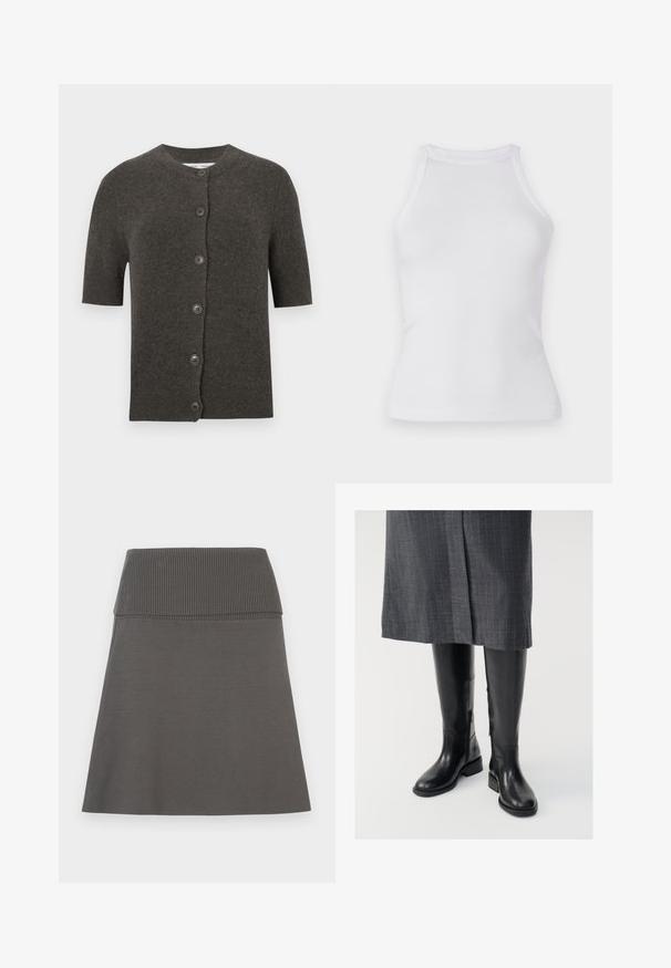Kortærmet mørkegrå cardigan lavet af blød uld med rund halsudskæring og seks brune knapper foran. Glat tekstur.; Hvid ribbet top med en tætsiddende design, rund halsudskæring og uden ærmer. Fremstillet af strækbart stof for komfort og bevægelsesfrihed.; Mørkegrå nederdel med en bred, ribbet elastisk linning og en let A-form på en hvid baggrund.; Knæhøje sorte læderstøvler med en glat tekstur, lynlåse i siden og en flad sål. Støvlerne har et struktureret skaft og minimalt hardware.