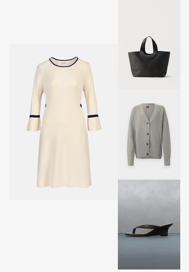 Grå cardigan med ribbet struktur, V-hals og fem knapper. Har lange ærmer og en lige kant. Simpelt design, blødt materiale.; Krem midi-kjole med trekvartlange klokkeærmer, navy kant på halsudskæring, manchetter og talje, ribstrikket stof.; Sort kilehælssandale med thongsandaler placeret på en træplanke og stengulv udendørs nær grønne planter og betonmur.; Sort tekstureret totetaske med brede rundede håndtag med præget brandnavn "Samsøe Samsøe" på neutral baggrund.